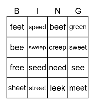 ee spelling Bingo Card