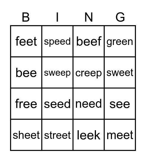 ee spelling Bingo Card