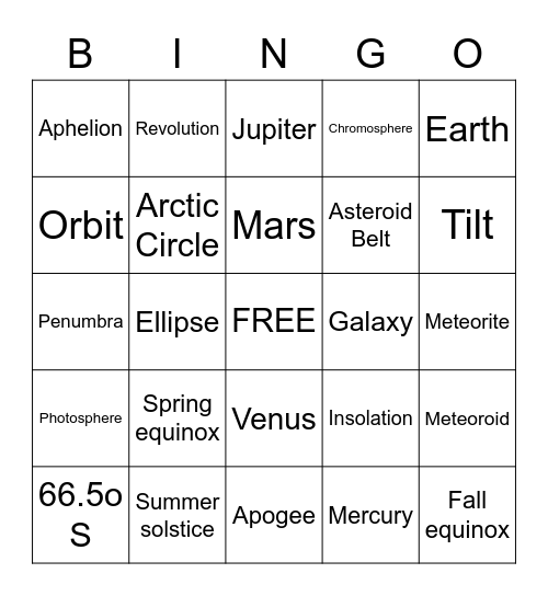 Earth Science - Unit 2 Test Bingo Card