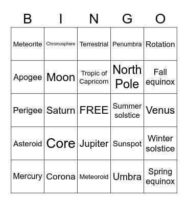 Earth Science - Unit 2 Test Bingo Card