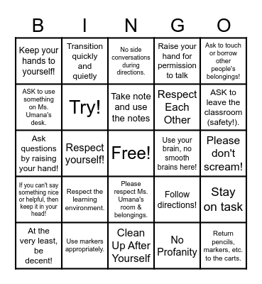 Classroom Expectations Bingo Card