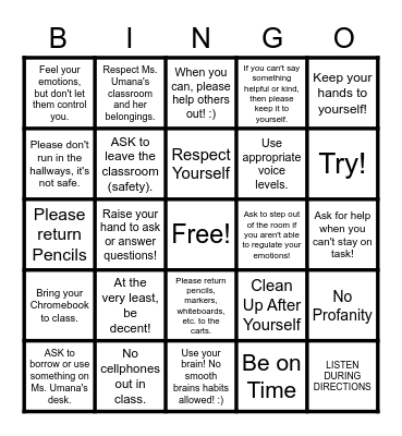Classroom Expectations Bingo Card