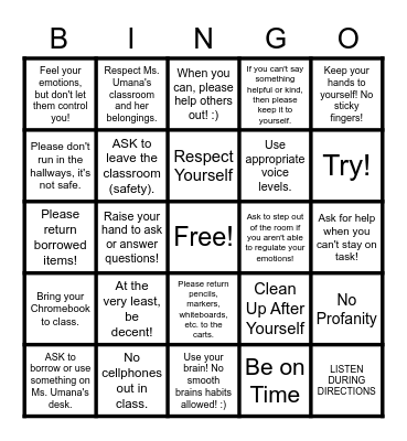 Classroom Expectations Bingo Card