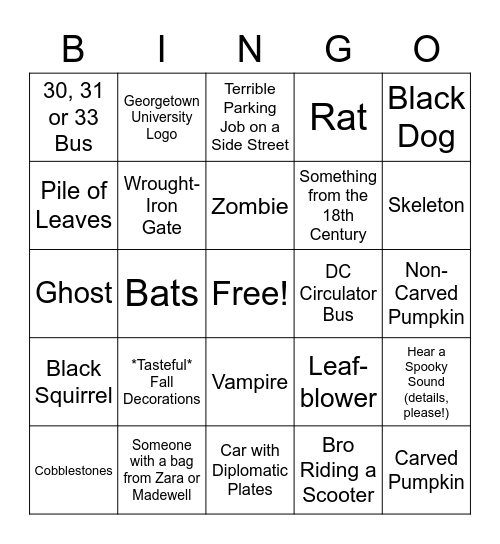 Spoooky Georgetown Bingo Card