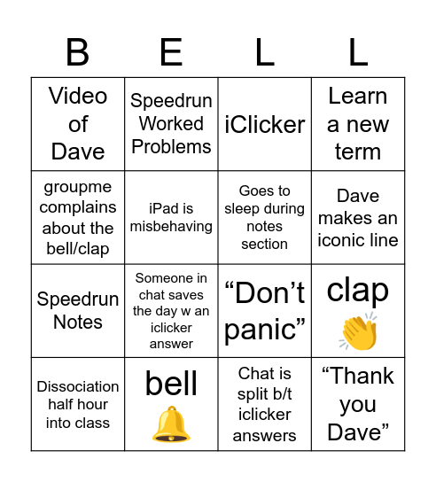 9am class Bingo Card