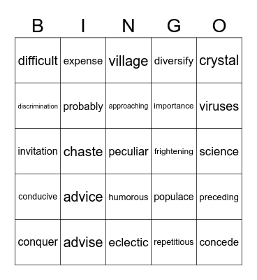 9th Grade Spelling list 25 Bingo Card