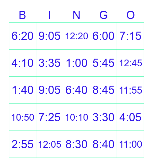 Telling Time Bingo Card