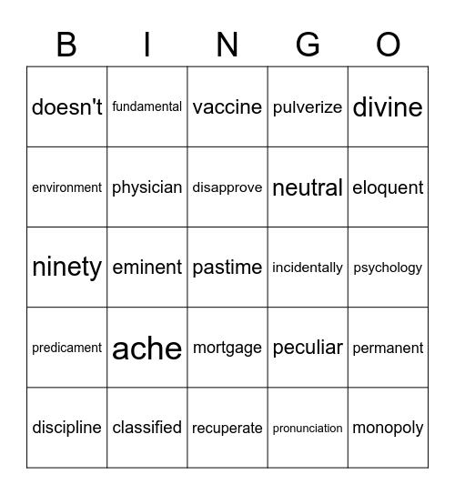 7th Grade Spelling List 25 Bingo Card