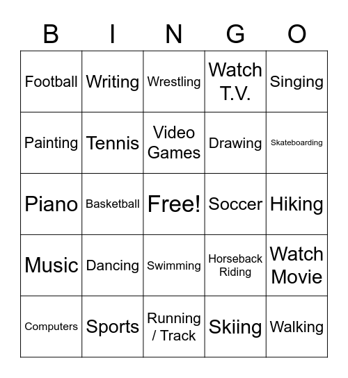 Favorite Activities Bingo Card