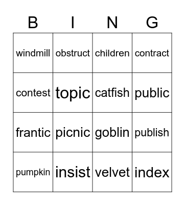 Closed Syllable Bingo Card