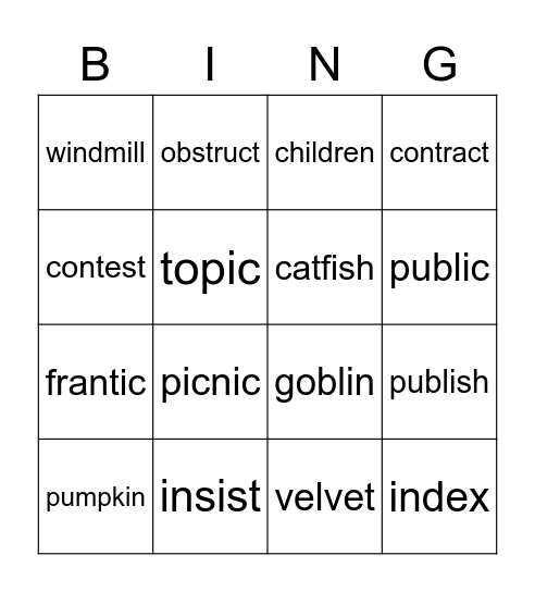 Closed Syllable Bingo Card