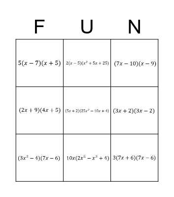 Algebra 2: Factoring Bingo Review Bingo Card