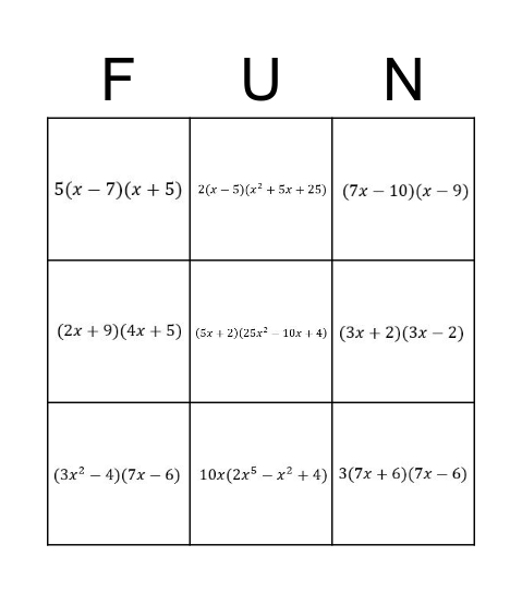 Algebra 2: Factoring Bingo Review Bingo Card