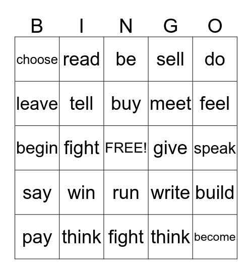 Irregular Verbs Bingo Card