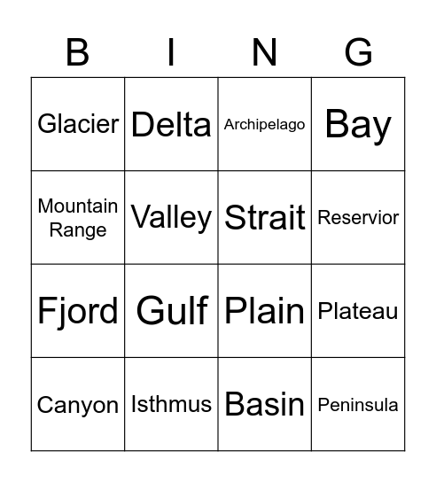 Landforms Bingo Card