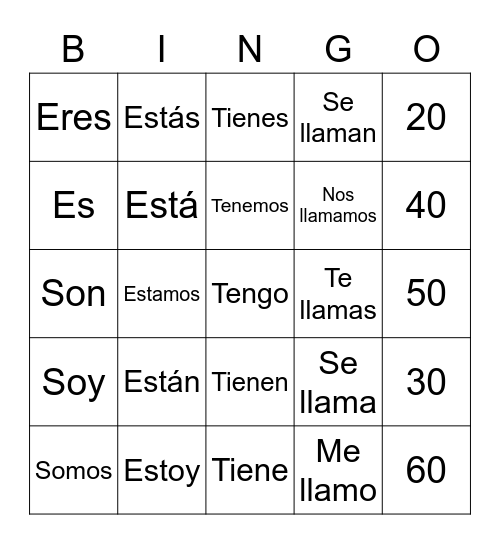 Spanish Verb Bingo Card