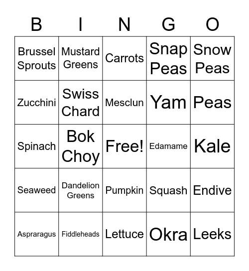 Dark Green and Orange Vegetables Bingo Card