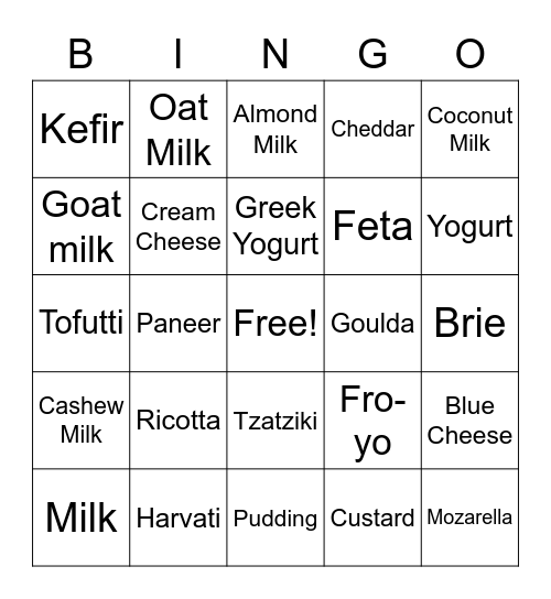DairyTofuti and Alternatives Bingo Card