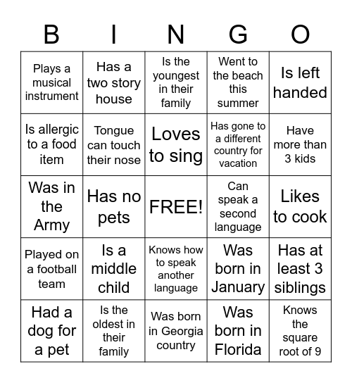 Get to know you Bingo Card