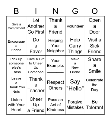Random Acts of Kindness Bingo Card