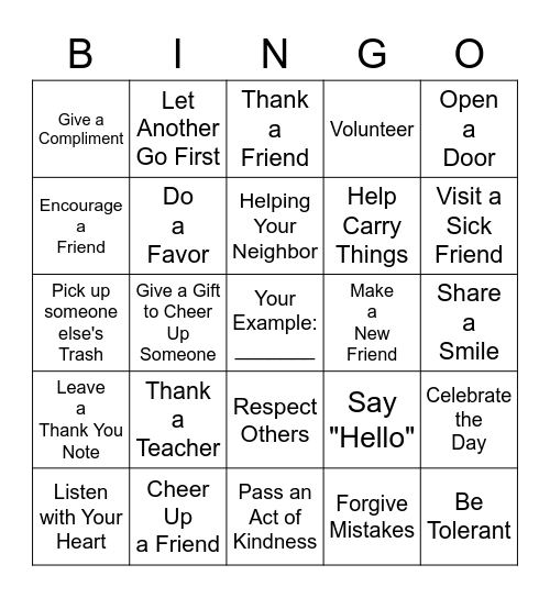 Random Acts of Kindness Bingo Card