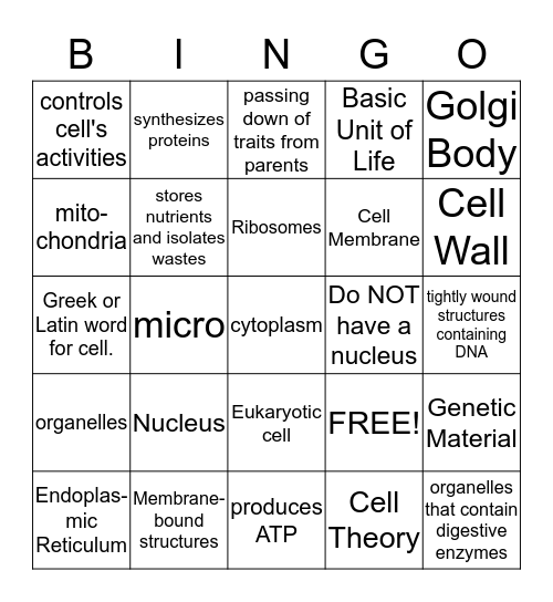 Cell Structure Bingo Card