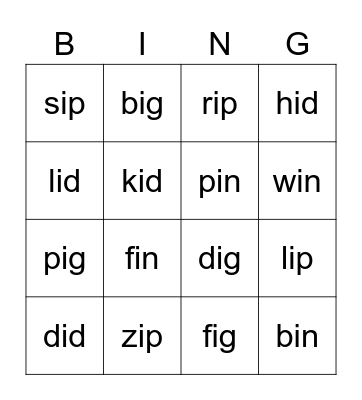 Short i Bingo Card