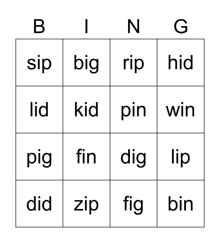 Short i Bingo Card