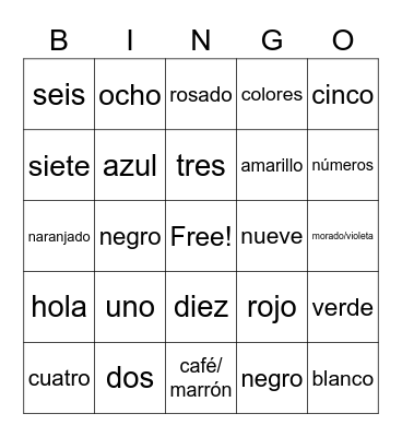 Colores y Números Bingo Card