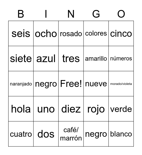 Colores y Números Bingo Card