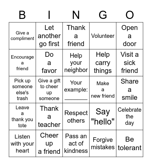 Random Acts of Kindness Bingo Card