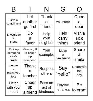 Random Acts of Kindness Bingo Card