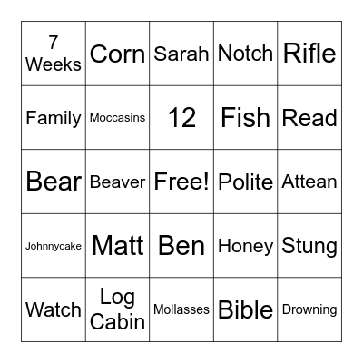 The Sign of the Beaver Chapters 1-6 Bingo Card