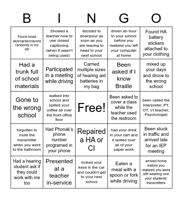 D/HH Itinerant BINGO Card