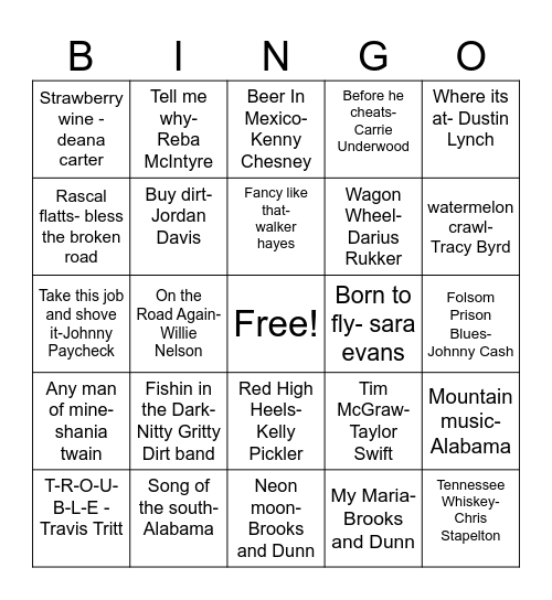 country Bingo Card