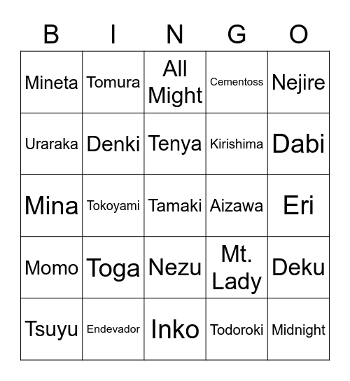 BNHA Bingo Card