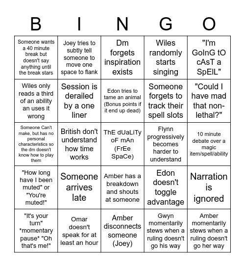 DnD with the foreigners Bingo Card