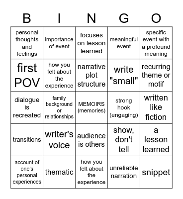 Memoir Lecture Bingo Card