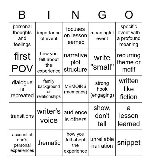Memoir Lecture Bingo Card