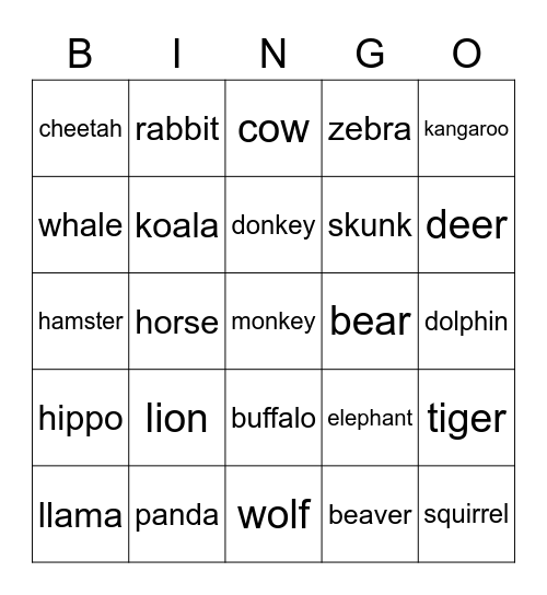 Mammals Bingo Card