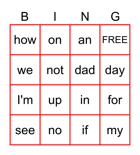 Sight word Bingo Card