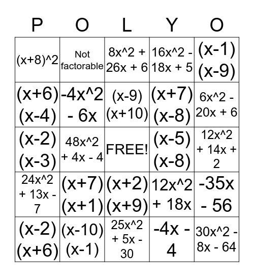 Polynomials Bingo Review Bingo Card
