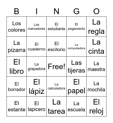 Los útiles escolares Bingo Card