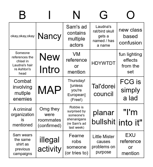 Critical Role Campaign 3; Episode 2 Bingo Card