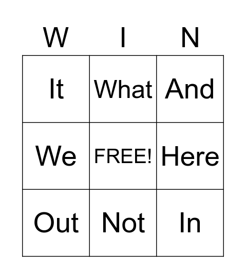 Sight Words Bingo Card