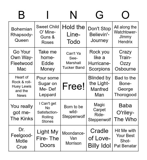 Rock 'n Roll Bingo Card