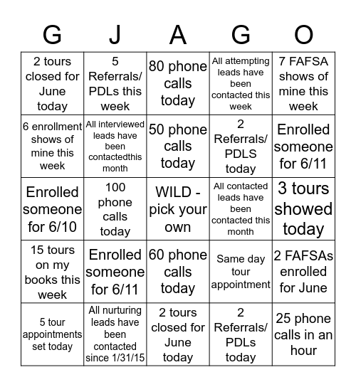 GJA GO!  Bingo Card