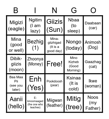 Anishinaabemowin Bingo Card