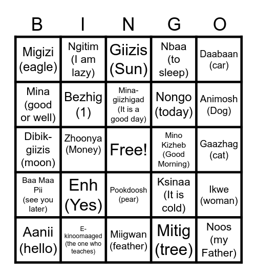 Anishinaabemowin Bingo Card
