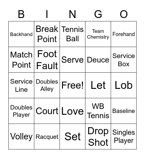 WB Tennis Bingo Card